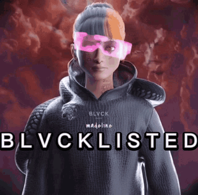 a woman wearing pink sunglasses and a black hoodie with the words blvcklisted on the bottom