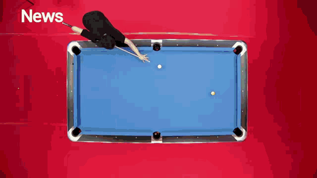 a pool table with a news headline above it