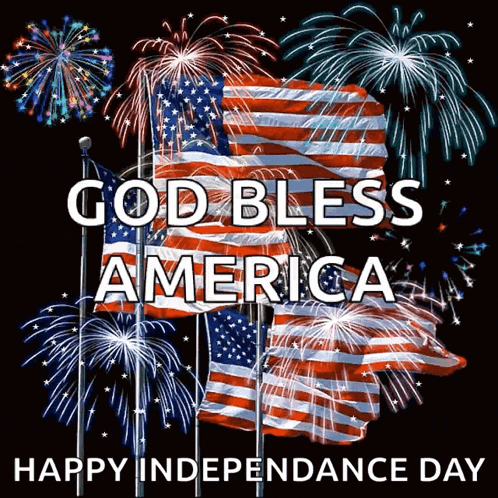 a greeting card for independence day with fireworks and an american flag