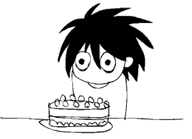 a black and white drawing of a cartoon character eating a cake .