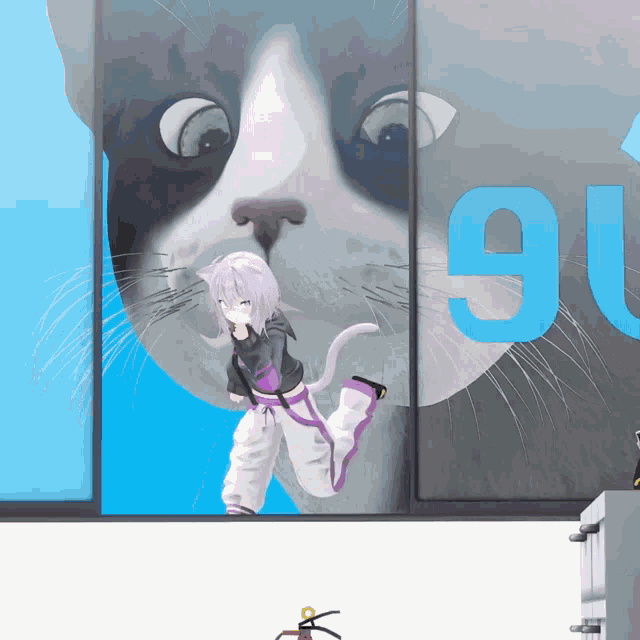 a girl with purple hair is standing in front of a cat with the number 9 on the wall behind her