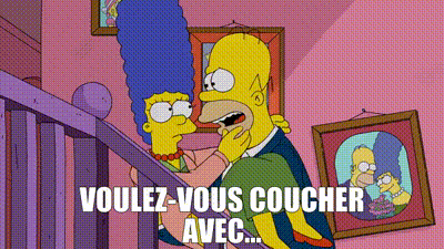 a cartoon of homer simpson and marge simpson kissing with the words voulez-vous coucher avec