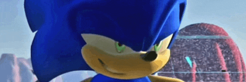 a close up of a cartoon character , sonic the hedgehog , looking at the camera .