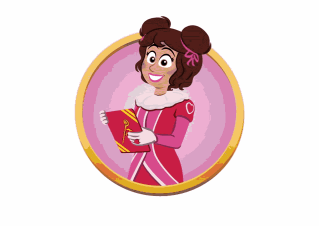 a cartoon illustration of a girl in a red dress holding a book