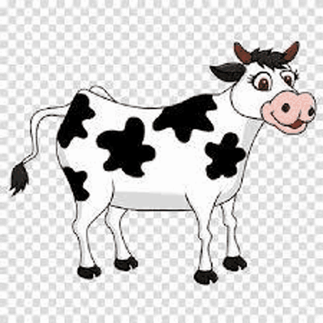 a cartoon cow with black spots on a transparent background .