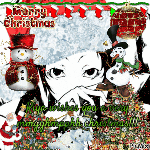 a merry christmas greeting card with a snowman and a girl