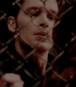 a close up of a man behind a fence with a reflection of himself in the glass .