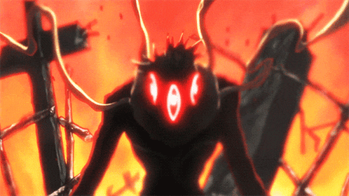 a drawing of a monster with glowing red eyes