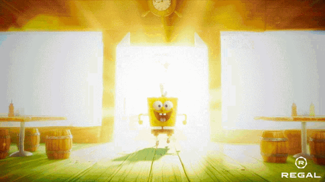 spongebob squarepants is standing in a room with a regal logo in the corner