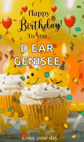 a happy birthday greeting card with cupcakes , balloons and confetti .