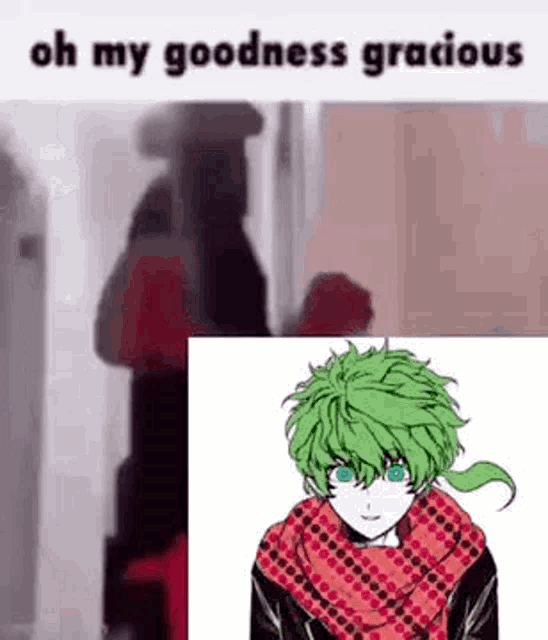 a man with green hair and a scarf is standing next to a woman in a room .