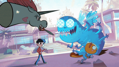 a cartoon drawing of a boy standing next to a unicorn and a monster that says geek academy on it