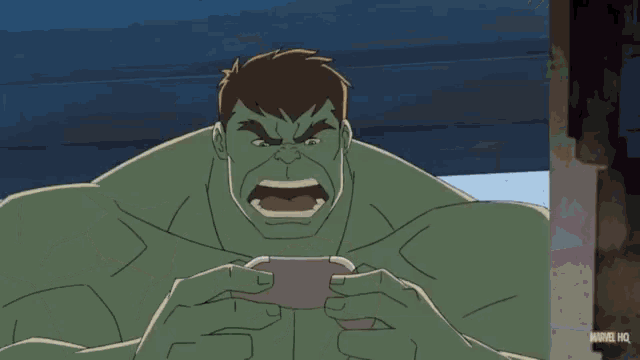 a cartoon of the hulk playing a video game with marvel hq written below him