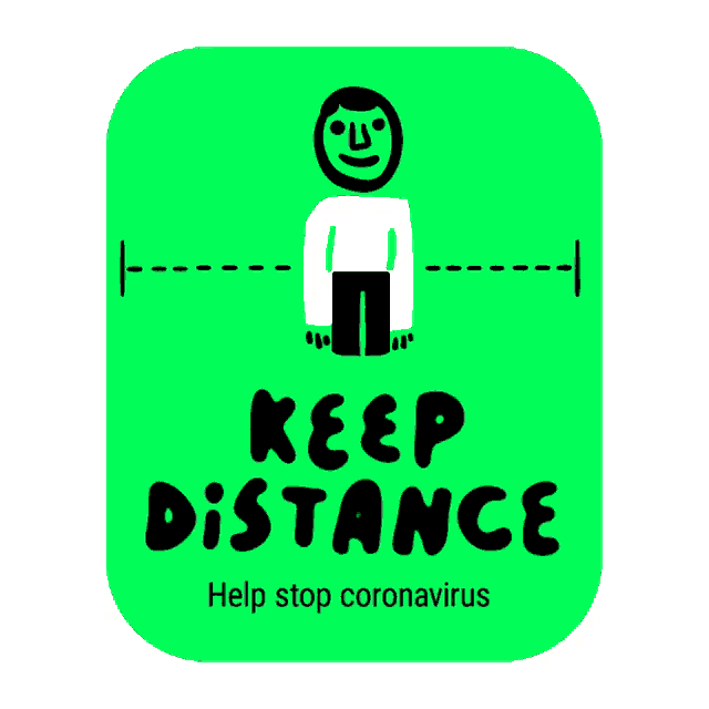 a green sign that says " keep distance " on it