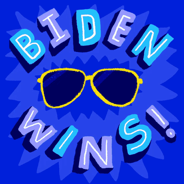 a blue background with the words biden wins and a pair of sunglasses