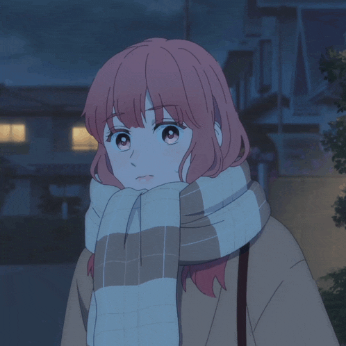 a girl with pink hair and a scarf around her neck