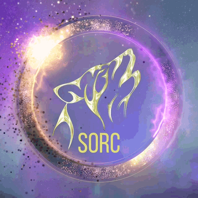 a logo for sorc is surrounded by purple sparkles