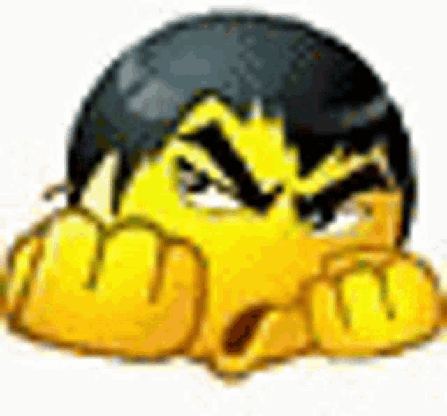 a yellow smiley face with black hair and a black hat is making a funny face .