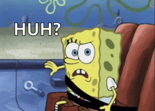 a cartoon of spongebob wearing a seat belt and asking the question huh
