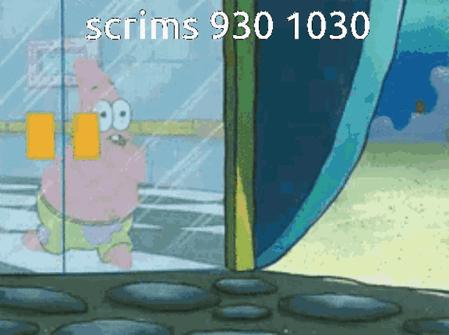 patrick star from spongebob is standing in front of a glass door with the number 1030 on it