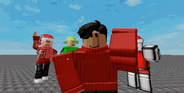 a roblox character wearing a red sweater and a green hat
