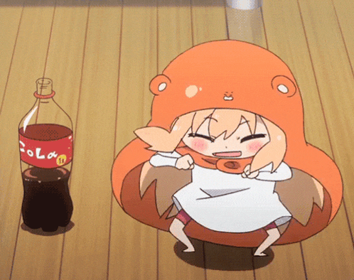 a bottle of cola sits on a wooden floor next to a cartoon character