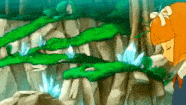 a cartoon girl is standing in front of a tree with a lot of green leaves .