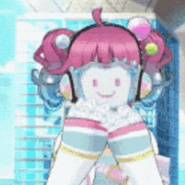 a cartoon girl with pink hair and headphones is standing in front of a building