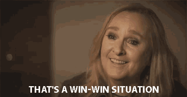 a woman is talking about a win-win situation .