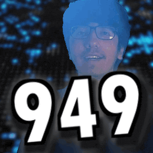 a man with glasses and the number 949. behind him