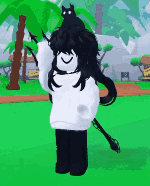 a girl in a white sweater is holding a black cat on her shoulders in a video game .