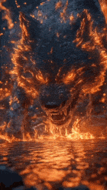 a wolf is surrounded by fire and flames and is standing in the water .