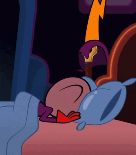 a cartoon character is sleeping in a bed with a lightning bolt above him