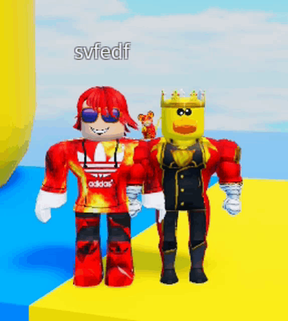 two roblox characters are standing next to each other with the name svfedf on the bottom