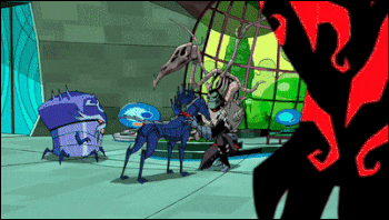 a cartoon drawing of a man standing next to a purple monster