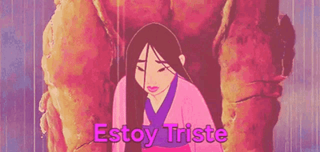 mulan from disney princess is crying in front of a rock in the rain .