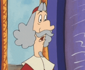 a cartoon man with gray hair and a mustache is standing in front of a purple wall .