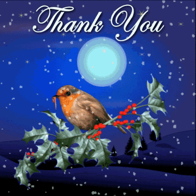 a thank you card with a bird sitting on a holly branch