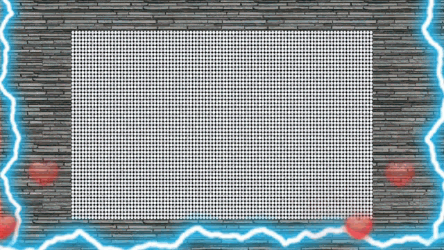 a brick wall with a blue lightning bolt and a white square in the middle