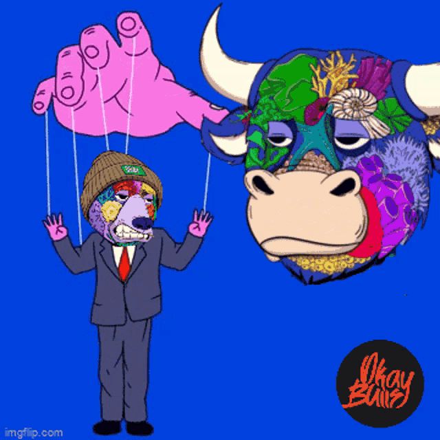 a cartoon drawing of a man in a suit holding a bull puppet