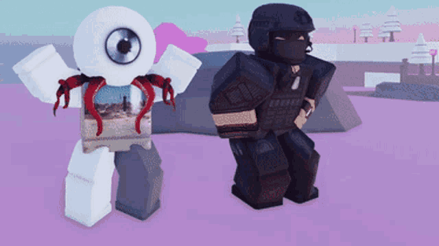 two roblox characters standing next to each other one of which has a large eye