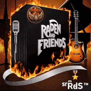 an advertisement for raden and friends shows a microphone and guitar