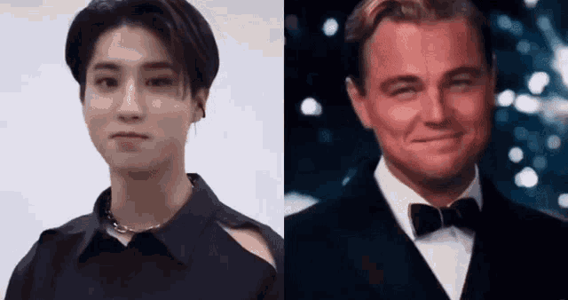 a man in a black shirt and a man in a tuxedo are standing next to each other and smiling .