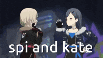 a couple of anime characters standing next to each other with the words spirand kate written on the bottom of the image .