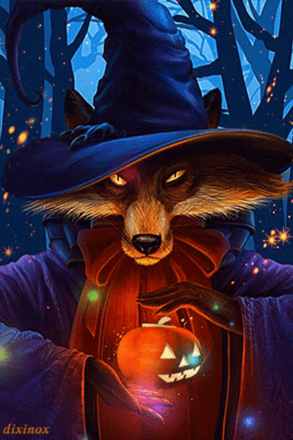 a raccoon dressed as a witch is holding a pumpkin in his hands