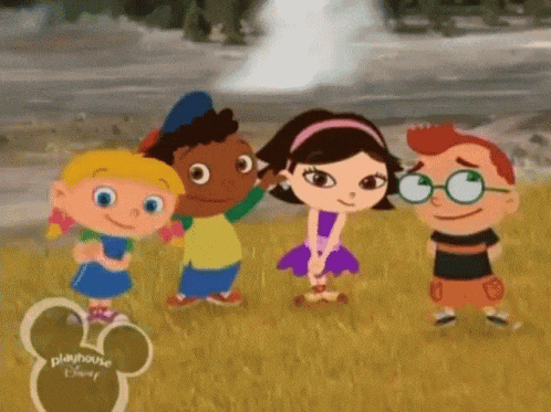 a group of cartoon characters are standing in a field with a disney logo in the background .