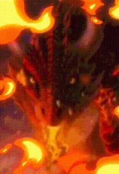 a close up of a cartoon character with flames coming out of it 's mouth .
