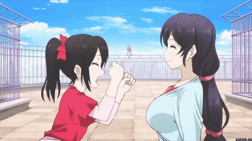 two anime girls are standing next to each other and one has a ponytail