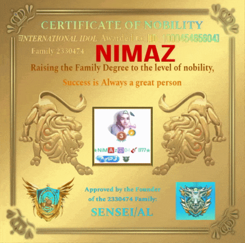 a gold certificate of nobility with the name nimaz on it