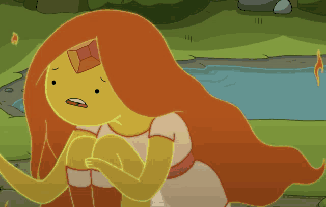 a cartoon character with long orange hair and a glowing face
